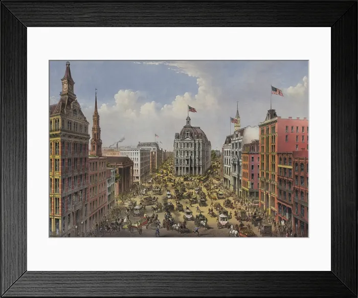 Framed Print : 1875 view to the north of New York City's Broadway and Park Row, from the Financial District. In the center is the U.S