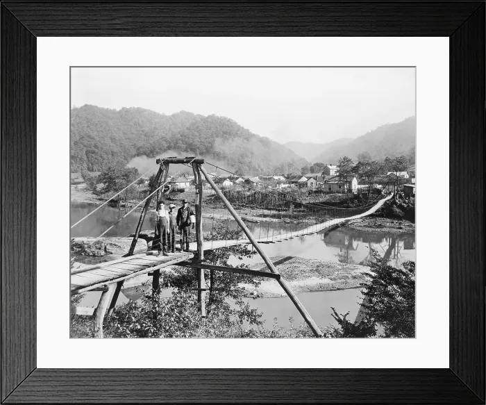 Framed Print : A foot bridge on the Cumberland River, Wilhoit, Harlan County, Kentucky in 1929. The mountainous county's economy was based on coal mining