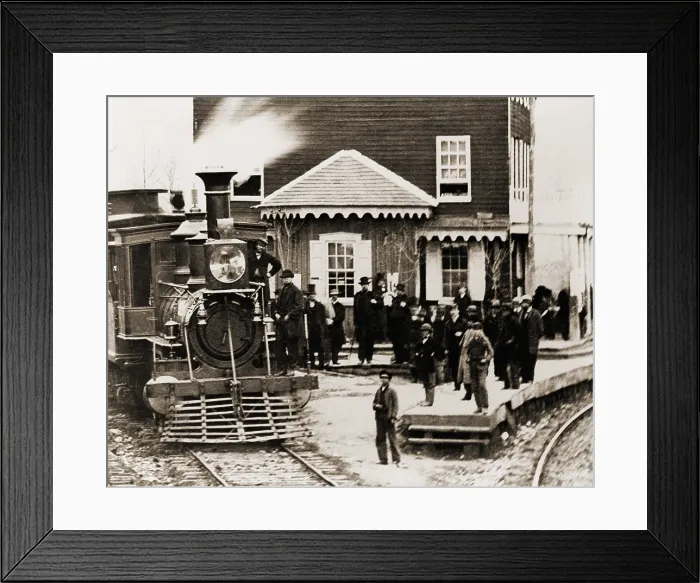 Framed Print : Locomotive and crowd at Hanover Junction Railroad Station in Pennsylvania in 1863. Photo by Mathew Brady