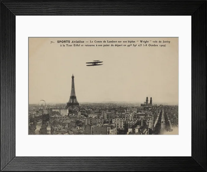 Framed Print : Postcard shows the Wright biplane flown by Charles, Comte de Lambert flying over Paris; with the Eiffel Tower in the background. Ca. 1910 Framed Print : Postcard shows the Wright biplane flown by Charles, Comte de Lambert flying over Paris; with the Eiffel Tower in the background. Ca. 1910