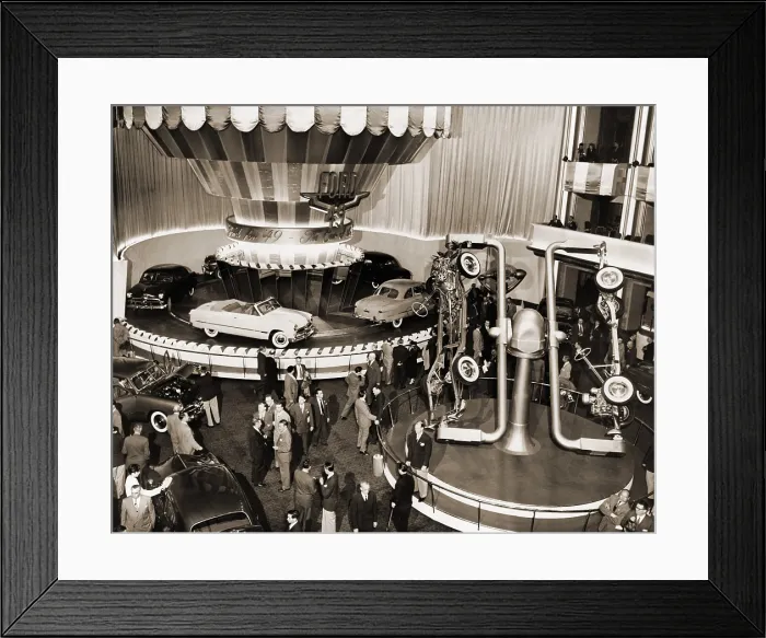 Framed Print : 1949 model Ford cars introduced to the press and public in grand ballroom of the Waldorf-Astoria Hotel, New York City