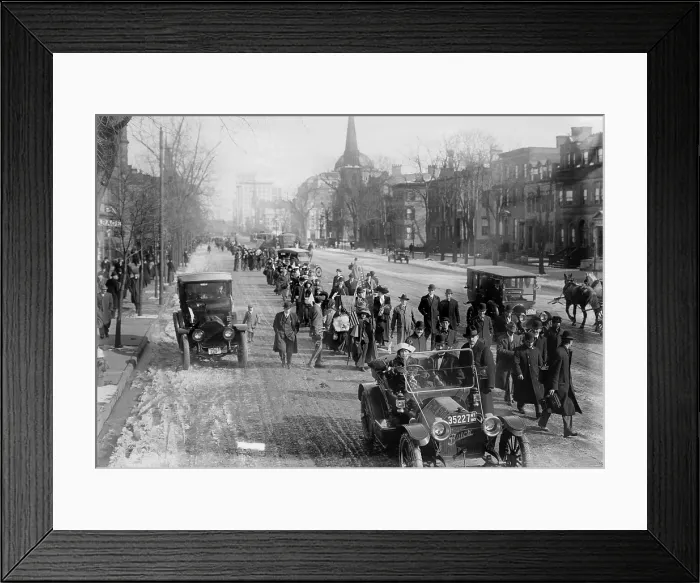 Framed Print : Suffrage hikers on way to Washington walking through Newark, New Jersey on Broad Street, February 12, 1913