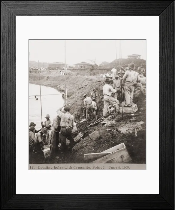 Framed Print : Panama Canal construction showing workers loading holes with dynamite, at Point 2 on June 6, 1909