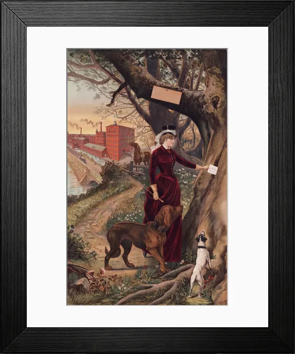 Framed Print : Stock poster for tailors, showing a woman in riding clothes placing a letter in the hollow of a tree; a sign nailed to the tree is blank for later printing Framed Print : Stock poster for tailors, showing a woman in riding clothes placing a letter in the hollow of a tree; a sign nailed to the tree is blank for later printing