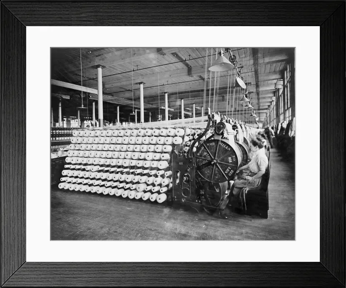 Framed Print : Women working at textile machines, beaming and inspecting yarn, at the American Woolen Company, Boston