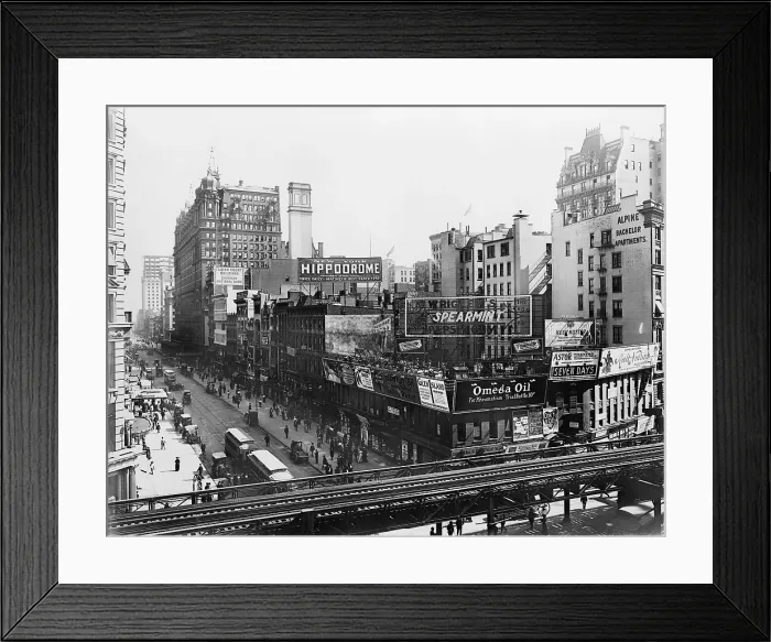 Framed Print : Billboards dominate the 1910 view of New York City's 34th St. and Sixth Avenue. Wrigley's Gum and Budweiser are among the brands advertised on billboards