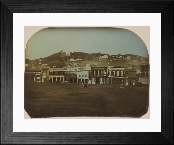 Framed Print : San Francisco, California in 1851. Daguerreotype of Portsmouth Square with restaurants and shops