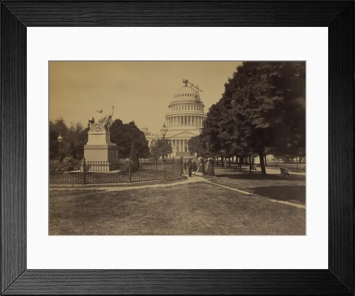 Framed Print : United States Capitol Building in 1863, with the new dome under construction and statue of George Washington by Horatio Greenough in the foreground, where men and women stroll Framed Print : United States Capitol Building in 1863, with the new dome under construction and statue of George Washington by Horatio Greenough in the foreground, where men and women stroll