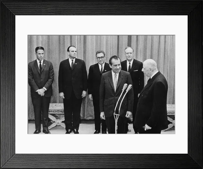 Framed Print : President Nixon and his key advisors with French President Charles DeGaulle of France on Feb. 28 1969. L to R H. R