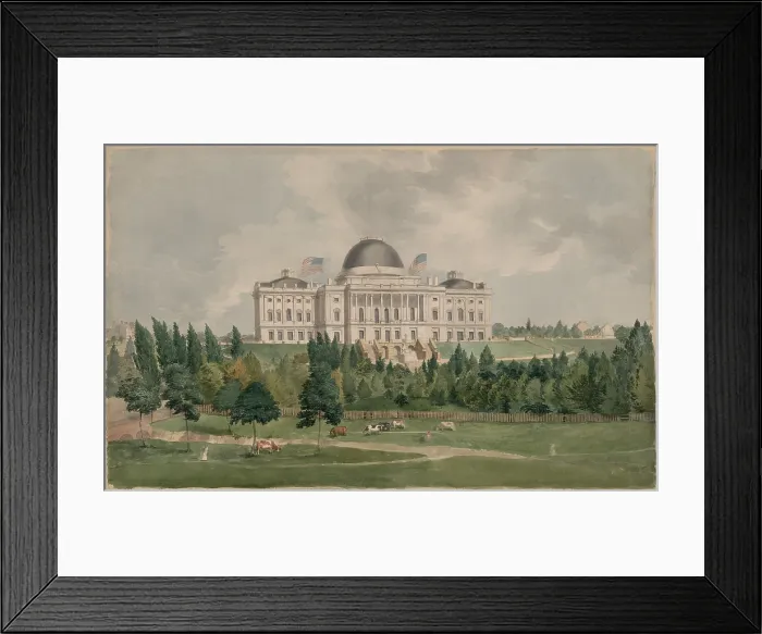 Framed Print : United States Capitol Building in 1828, showing the west front with cows grazing in the foreground. Watercolor painting John Rubens Smith