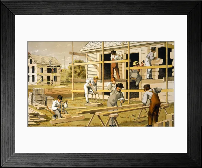 Framed Print : Carpenters at work building two houses. Ca. 1874 Framed Print : Carpenters at work building two houses. Ca. 1874