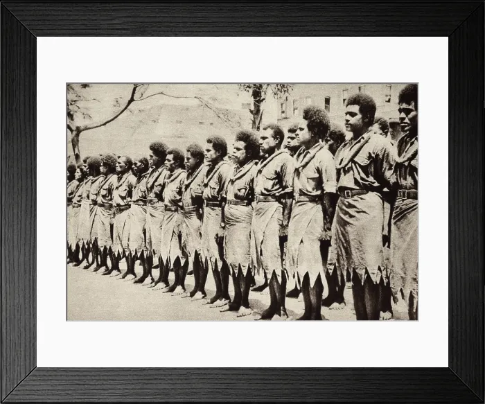 Framed Print : Fiji islanders traveling to France to labor as Stevedores on transports. 1914-18. They are lined up for review on a Honolulu stop-over on their way to Vancouver Framed Print : Fiji islanders traveling to France to labor as Stevedores on transports. 1914-18. They are lined up for review on a Honolulu stop-over on their way to Vancouver