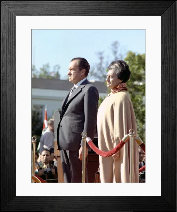 Framed Print : President Nixon and Indian Prime Minister Indira Gandhi stand at her White House arrival ceremony. November 11 1971 Framed Print : President Nixon and Indian Prime Minister Indira Gandhi stand at her White House arrival ceremony. November 11 1971