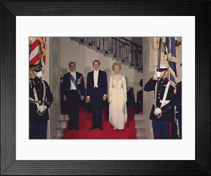 Framed Print : President and Pat Nixon pose with the Shah of Iran before a state dinner in his honor. Feb. 26 1971 Framed Print : President and Pat Nixon pose with the Shah of Iran before a state dinner in his honor. Feb. 26 1971