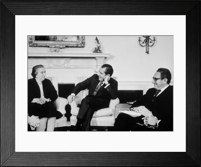 Framed Print : President Nixon Henry Kissinger and Israeli Prime Minister Golda Meir meeting in the Oval Office. March 1 1973