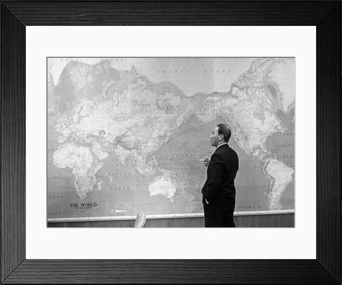 Framed Print : President Nguyen Van Thieu of South Vietnam standing in front of world map. Thieu was in Hawaii, meeting with the US President, during the last year of the Johnson Administration Framed Print : President Nguyen Van Thieu of South Vietnam standing in front of world map. Thieu was in Hawaii, meeting with the US President, during the last year of the Johnson Administration