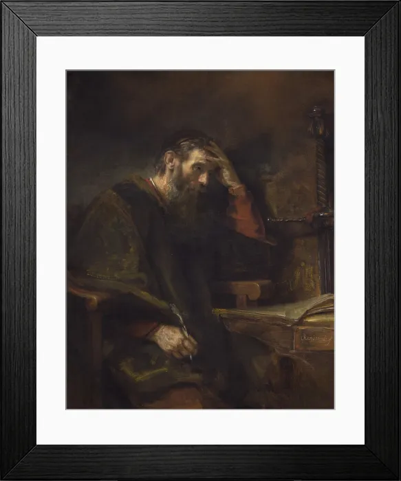 Framed Print : The Apostle Paul, by Rembrandt van Rijn, c. 1657, Dutch painting, oil on canvas. Meditative Paul at a table in his prison cell, holding a writing quill