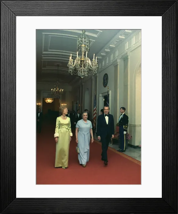 Framed Print : President and Pat Nixon with Israeli Prime Minister Golda Meir in evening attire at the White House. 1969