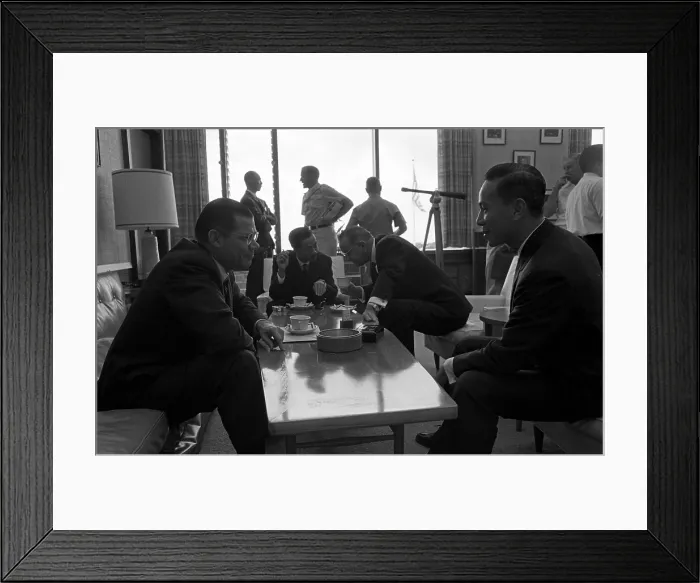 Framed Print : Honolulu Conference on the Vietnam War. Robert S. McNamara speaks with Prime Minister Nguyen Cao Ky. In the background, President Johnson talks with Lt. Gen. Nguyen Van Thieu