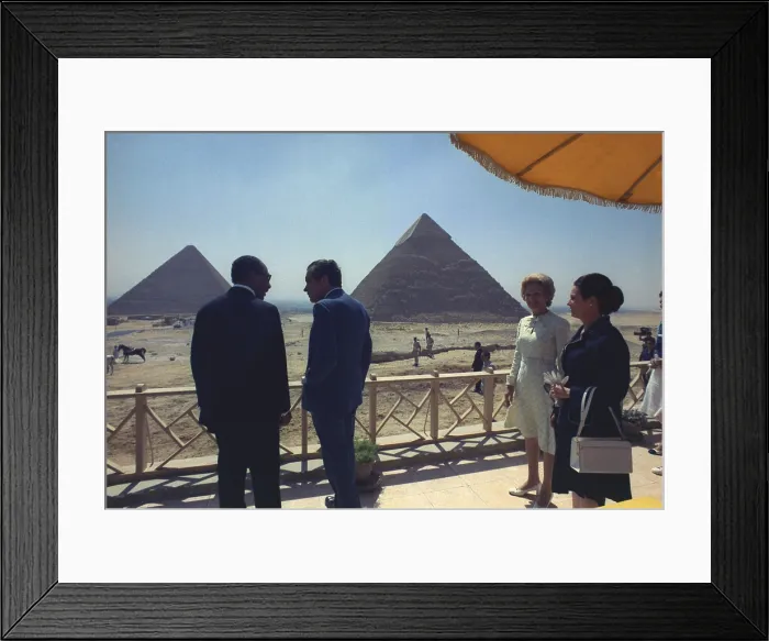 Framed Print : President and Pat Nixon with Anwar and Jehan Sadat at the site of the great pyramids at Giza. June 14 1974 Framed Print : President and Pat Nixon with Anwar and Jehan Sadat at the site of the great pyramids at Giza. June 14 1974