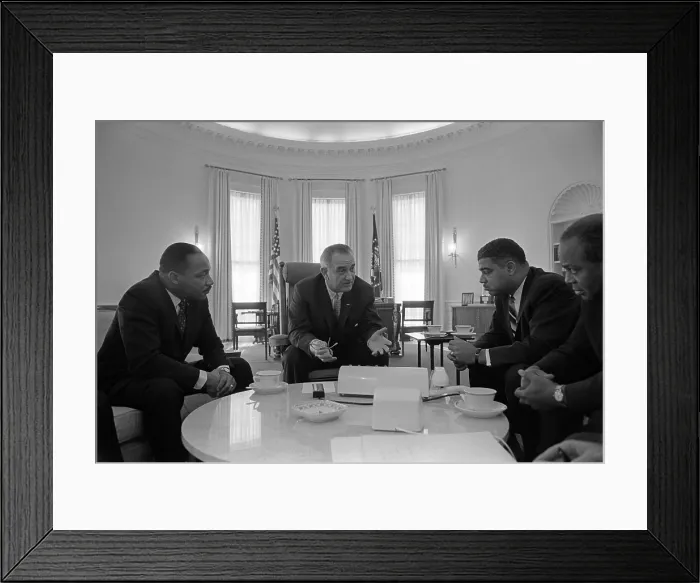 Framed Print : President Lyndon Johnson meets with Civil Rights leaders in the second month of his presidency. L-R: Martin Luther King Jr. President Johnson, Whitney Young, James Farmer Framed Print : President Lyndon Johnson meets with Civil Rights leaders in the second month of his presidency. L-R: Martin Luther King Jr. President Johnson, Whitney Young, James Farmer