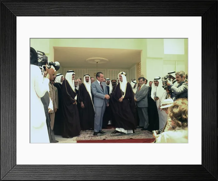 Framed Print : President Nixon shaking hands with King Faisal following talks at Riasa Palace in Saudi Arabia. July 15 1974 Framed Print : President Nixon shaking hands with King Faisal following talks at Riasa Palace in Saudi Arabia. July 15 1974
