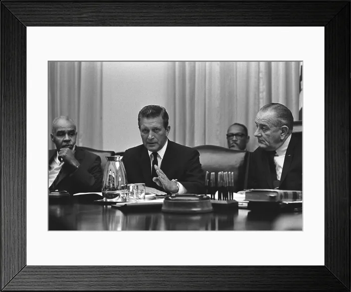 Framed Print : Otto Kerner was named to head the Special Advisory Commission on Civil Disorders after the 1967 Detroit riots. L-R: Roy Wilkins, Otto Kerner, President Johnson. July 29, 1967 Framed Print : Otto Kerner was named to head the Special Advisory Commission on Civil Disorders after the 1967 Detroit riots. L-R: Roy Wilkins, Otto Kerner, President Johnson. July 29, 1967