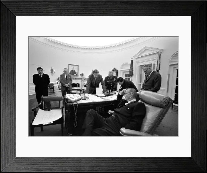 Framed Print : Detroit riots crisis meeting. President Lyndon Johnson meeting with (L-R): Marvin Watson, J. Edgar Hoover, Robert McNamara, General Harold Johnson, Joe Califano, Sec Framed Print : Detroit riots crisis meeting. President Lyndon Johnson meeting with (L-R): Marvin Watson, J. Edgar Hoover, Robert McNamara, General Harold Johnson, Joe Califano, Sec