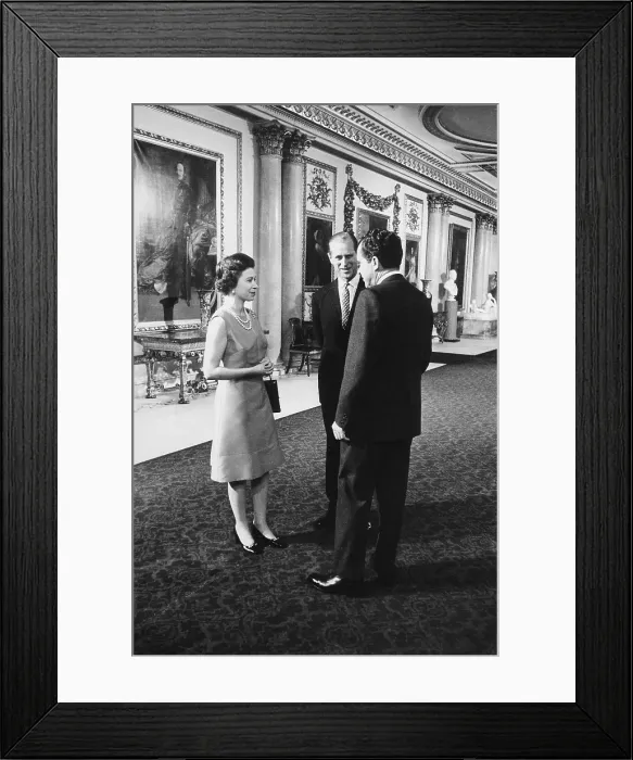 Framed Print : President Nixon chats with Queen Elizabeth II and Prince Phillip at Buckingham Palace. Feb. 25 1969