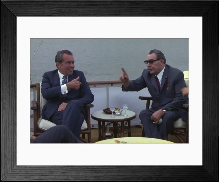Framed Print : Richard Nixon and Leonid Brezhnev aboard the Presidential Yacht Sequoia June 19 1973