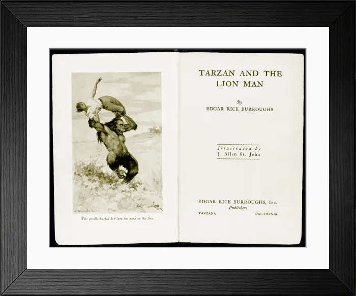 Framed Print : Tarzan and the Lion Man, 1934, by Edgar Rice Burroughs (1875-1950), American author. Title page with illustration of a gorilla hurling woman into path of lion