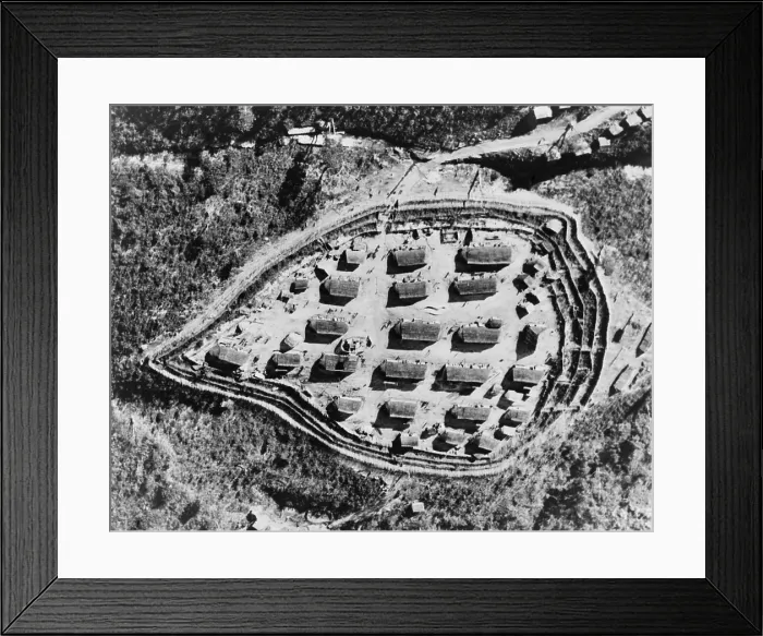 Framed Print : Aerial view of a 'strategic hamlet', houses surrounded by barricades used to protect villagers from night attacks by the Viet Cong