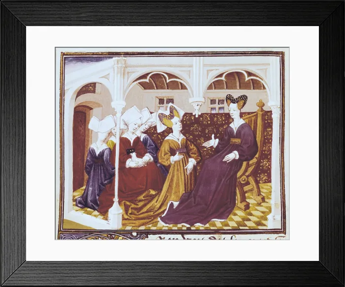 Framed Print : Romance of Tristan and Iseult. Iseult surrounded by her maids. Gothic art. Miniature Painting. FRANCE. Chantilly. Musee Conde (Conde Museum) Framed Print : Romance of Tristan and Iseult. Iseult surrounded by her maids. Gothic art. Miniature Painting. FRANCE. Chantilly. Musee Conde (Conde Museum)