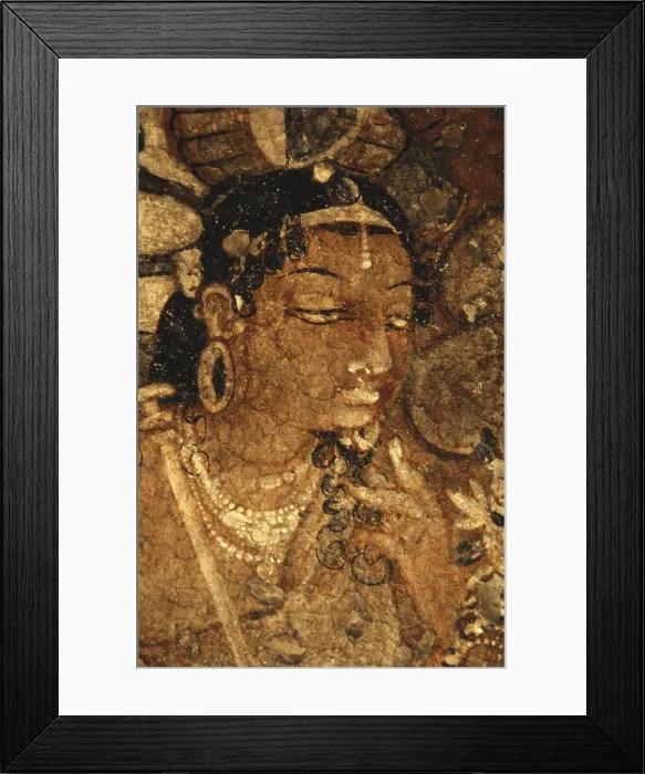 Framed Print : INDIA. Ajanta. Ajanta Caves. Face of a woman. Detail in one of the 'Jataka' reincarnations and episodes of life of Budha. Mural painting, 6th-7th c. Hindu art