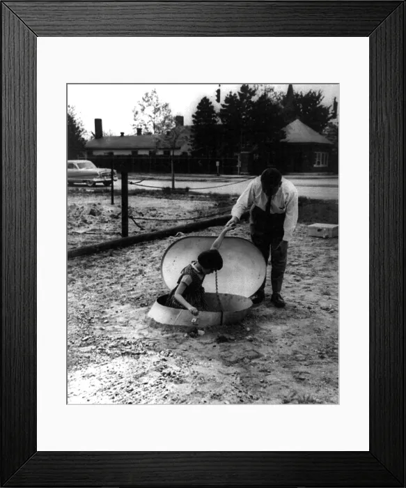 Framed Print : Entrance to an underground radioactive fallout shelter, on Long Island, New York 1955