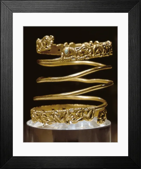 Framed Print : Bracelet. 2nd c. BC. Gold and turquoises. From the Sarmatian tribes. Scythian Art. Jewelry. RUSSIA. Saint Petersburg. State Hermitage Museum