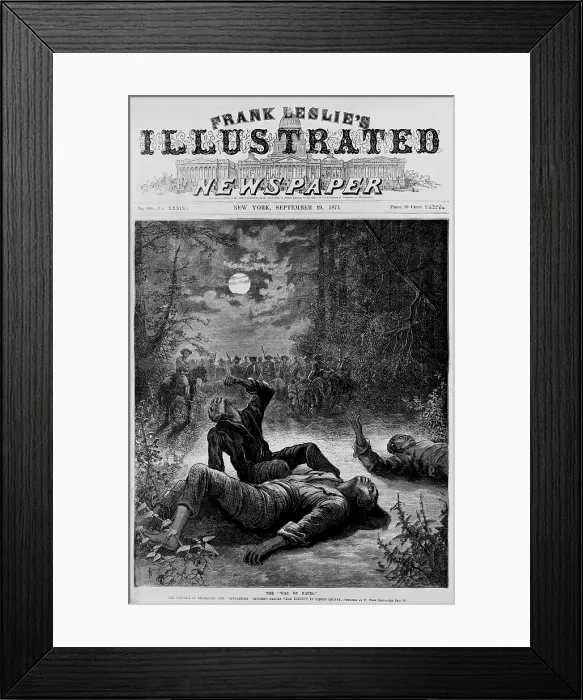 Framed Print : Front page of 1874 newspaper declaring a War of Races near Trenton, Tennessee. Three African American have been shot by the armed white men in the moonlit in background Framed Print : Front page of 1874 newspaper declaring a War of Races near Trenton, Tennessee. Three African American have been shot by the armed white men in the moonlit in background