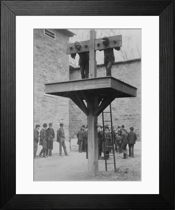 Framed Print : Two African American men confined in a Delaware pillory above a whipping post. Spectators to the punishment loiter in the background. 1889
