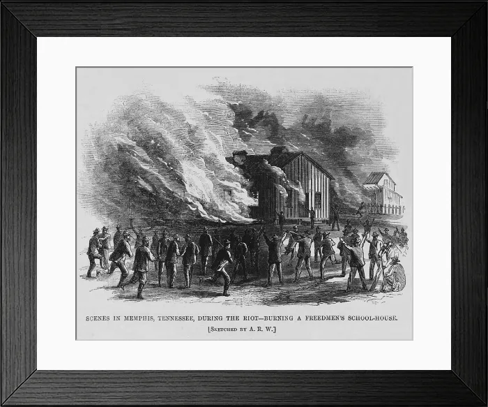 Framed Print : Race riot in Memphis, Tennessee, May 2, 1866. A white mob burnt down a Freedmen's school and attacked its northern missionary teachers