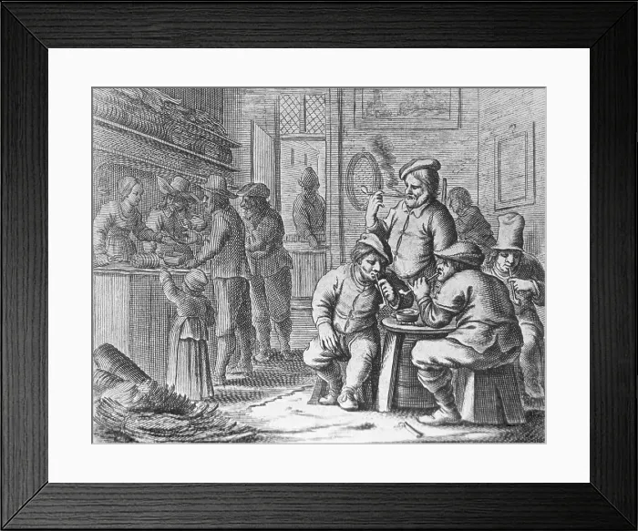 Framed Print : Dutch tobacco shop. Four men are gathered around a table smoking long-stemmed pipes; at left, two men with a child purchase tobacco at the shop counter