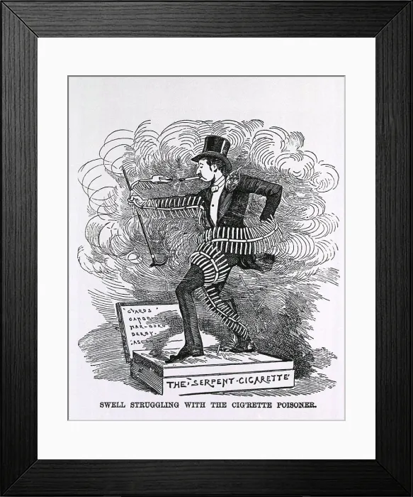 Framed Print : 1882 American anti-smoking cartoon, Swell Struggling With The Cig'rette Poisoner. A serpent with a skeleton of cigarettes entwines and lights a smokers cigarette Framed Print : 1882 American anti-smoking cartoon, Swell Struggling With The Cig'rette Poisoner. A serpent with a skeleton of cigarettes entwines and lights a smokers cigarette