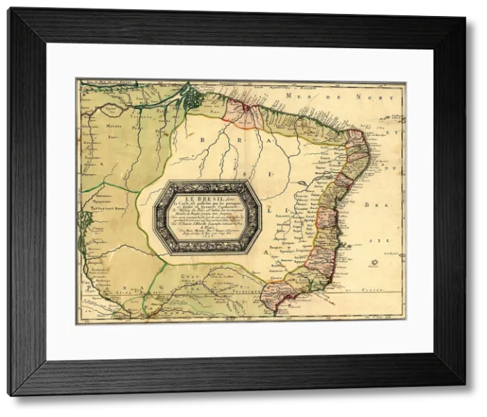 Framed Print : 1756 map of Brazil, showing geographic definition on the coast. The Amazon River is outside Brazil 1756 colonial borders