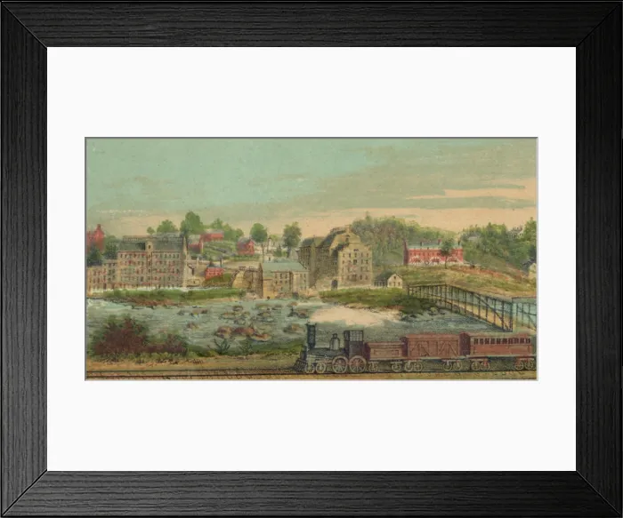 Framed Print : Early locomotive travels along the Patapsco River in Ellicott Mills, Maryland. On the far riverbank is the Union Works, built in 1809
