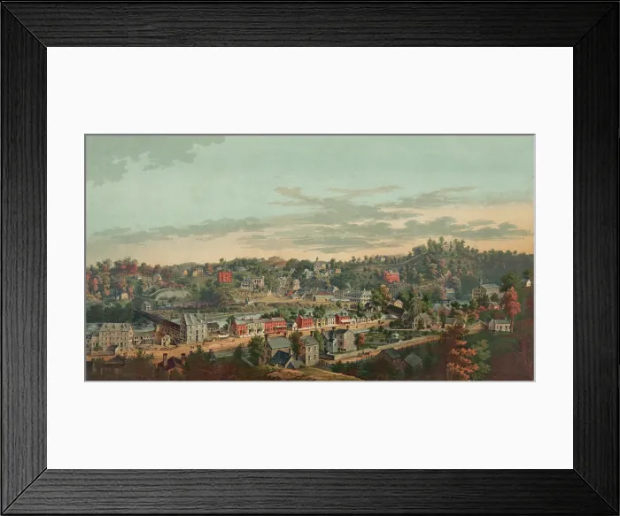 Framed Print : 1854 bird's eye view of Ellicotts Mills, Maryland, a major industrial town in 19th century Maryland