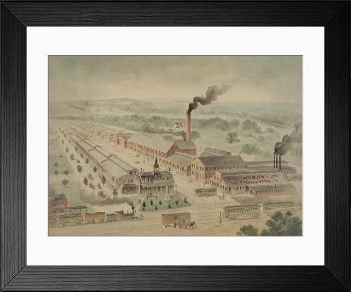 Framed Print : Bird's-eye view of the Wason railroad car manufacturing company facilities at Springfield, Massachusetts, with the Connecticut River in the background. 1872