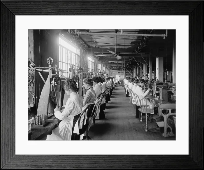 Framed Print : Lock and drill department assembly line of women workers at National Cash Register, Dayton, Ohio. C. 1902