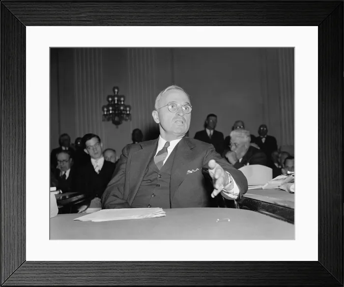 Framed Print : Sen. Harry Truman, testifying against a proposed rail wage cut. Oct. 14, 1938. He said the cut will not solve the present financial problems of the railroads. (BSLOC_2013_6_188) Framed Print : Sen. Harry Truman, testifying against a proposed rail wage cut. Oct. 14, 1938. He said the cut will not solve the present financial problems of the railroads. (BSLOC_2013_6_188)