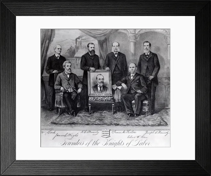 Framed Print : Founders of the Knights of Labor in 1886. Front Row: James S. Wright, portrait of Uriah S. Stevens, Robert W. Keen. Back row, L to R.: William Cook, R.C. Macaukey, James M