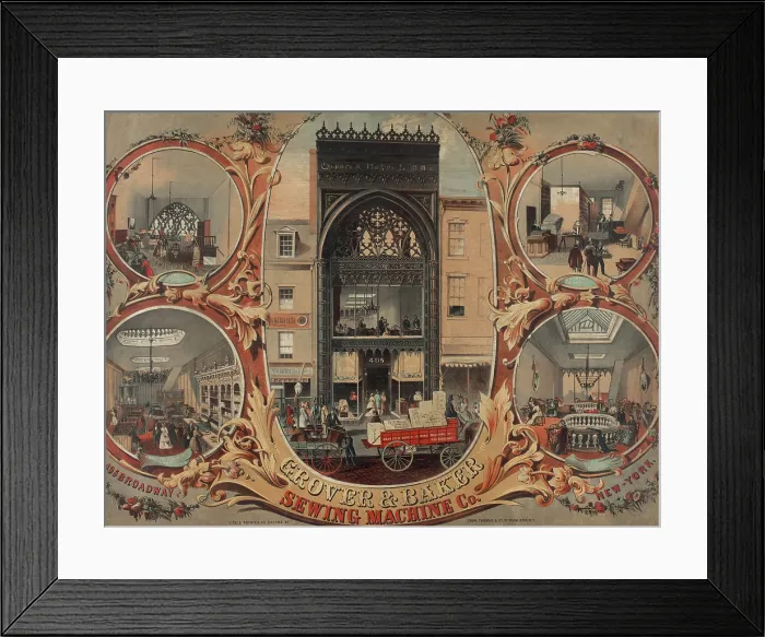 Framed Print : Shoppers at the Grover & Banker Sewing Machine Company store in New York City. Patented in the 1840s, sewing machines were mass produced in the 1850s Framed Print : Shoppers at the Grover & Banker Sewing Machine Company store in New York City. Patented in the 1840s, sewing machines were mass produced in the 1850s