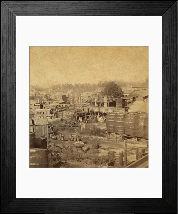 Framed Print : Barrels and buildings at an oil refinery in Erie, Pennsylvania in the 1870s Framed Print : Barrels and buildings at an oil refinery in Erie, Pennsylvania in the 1870s